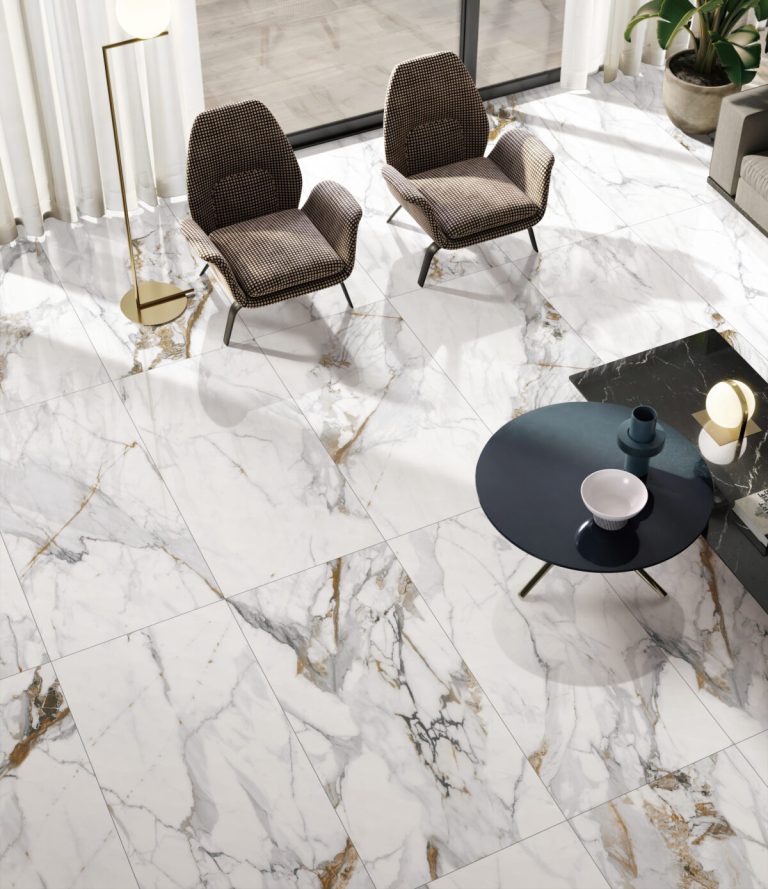 Calacatta Oro tiles styled in a room